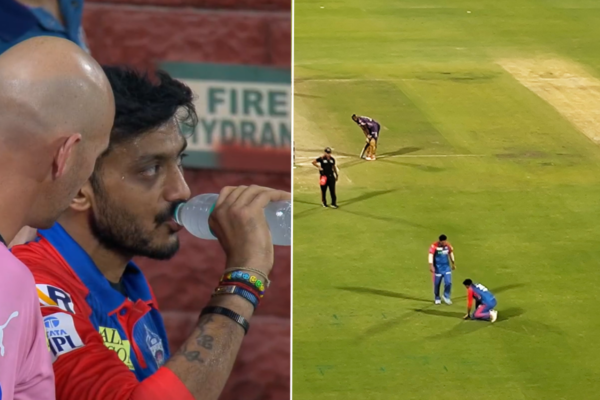 Axar Patel injures bowling hand DC vs KKR IPL 2025 walks off