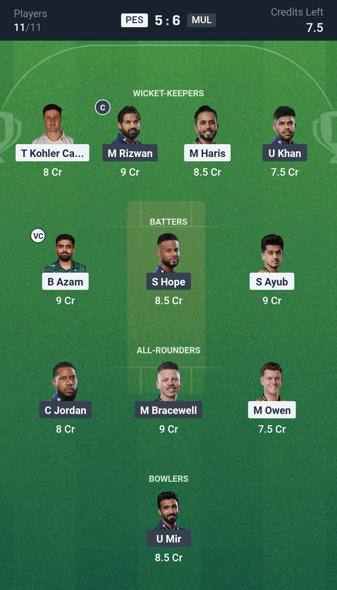 PES vs MUL Dream11 Prediction Today Match 9 Playing XI PSL 2025 Small League Team