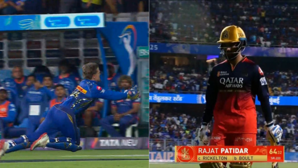 [WATCH] From the Land of AB De Villiers, Jonty Rhodes, Ryan Rickelton Pulls Off a Flying Screamer To Dismiss Rajat Patidar in MI VS RCB IPL 2025 Match