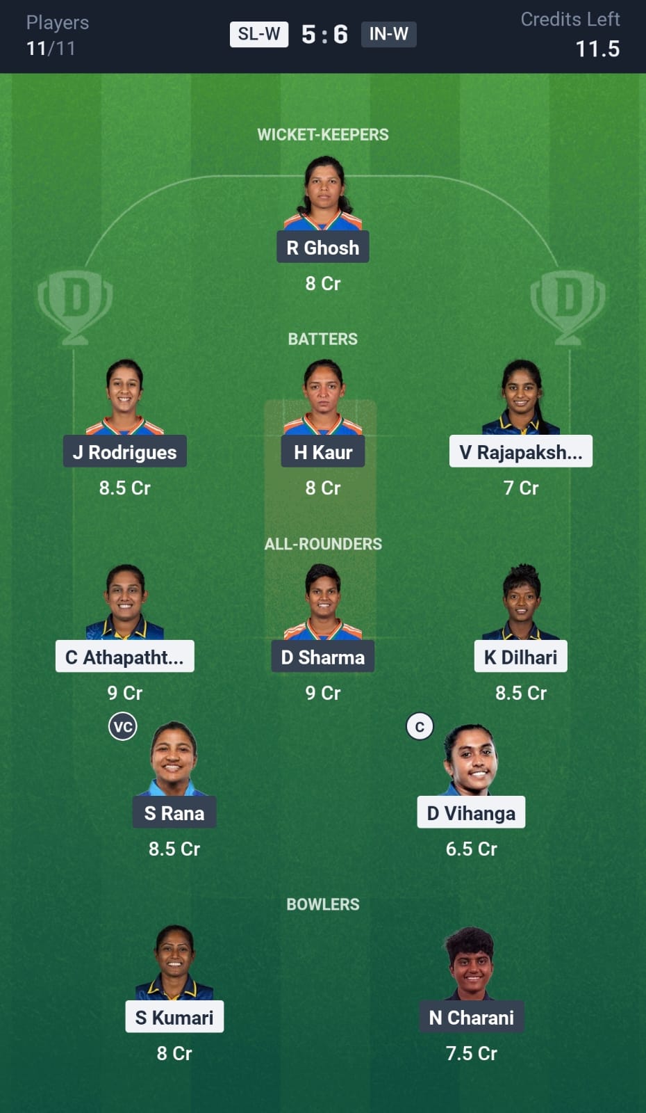 SL-W vs IN-W Dream11 Prediction Today Match Final Playing XI Grand League Team