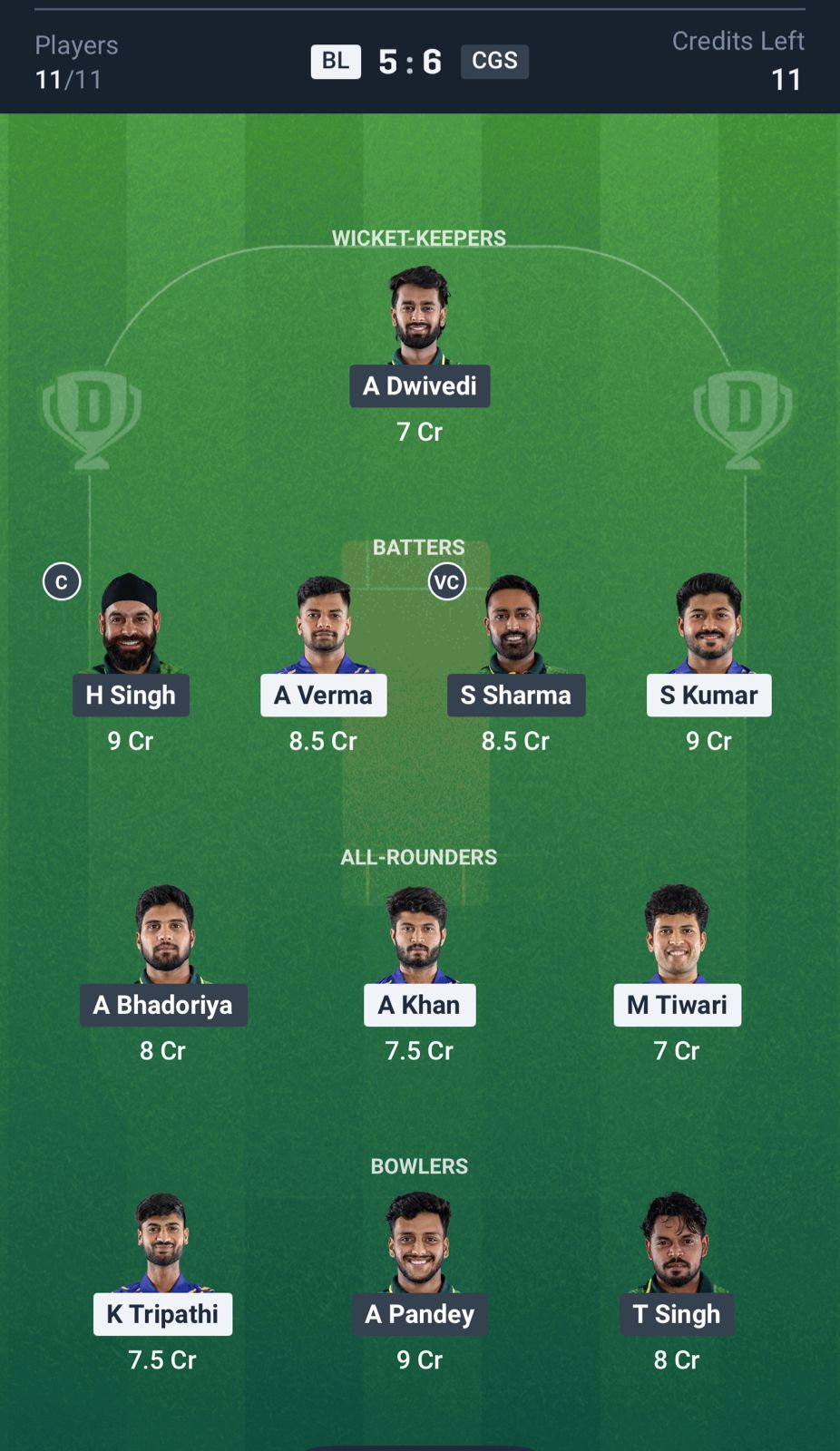 BL vs CGS Dream11 Prediction, MP T20 League MATCH Final Small League Team