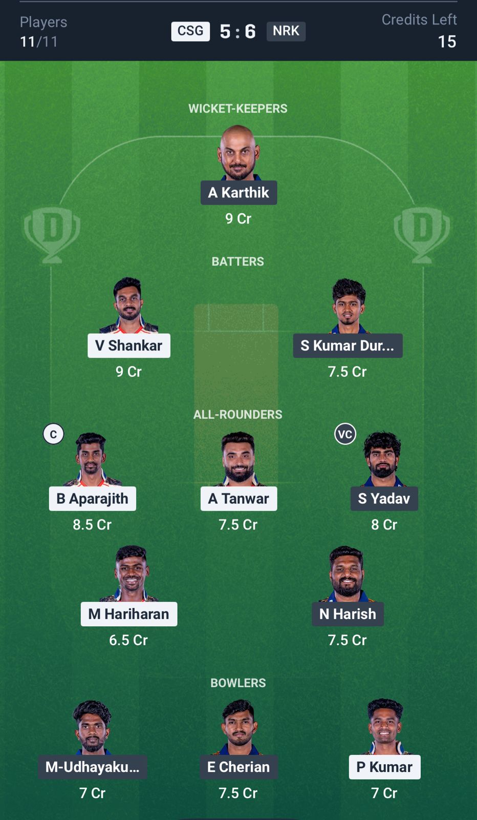 CSG vs NRK Dream11 Prediction, TNPL MATCH 6 Grand League Team