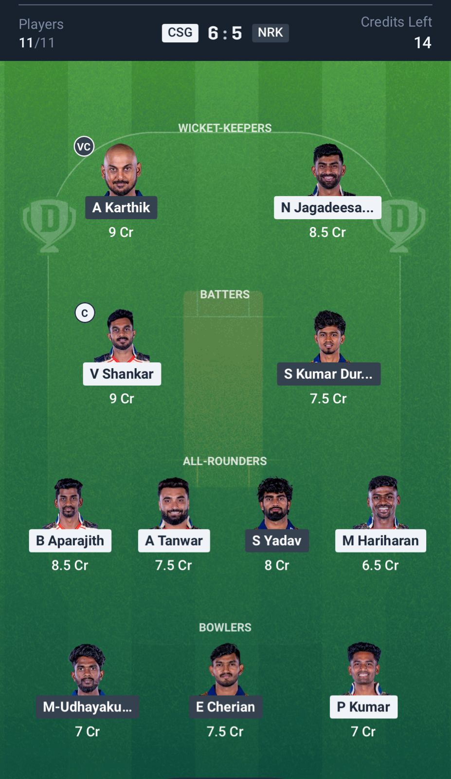 CSG vs NRK Dream11 Prediction, TNPL MATCH 6 Small League Team