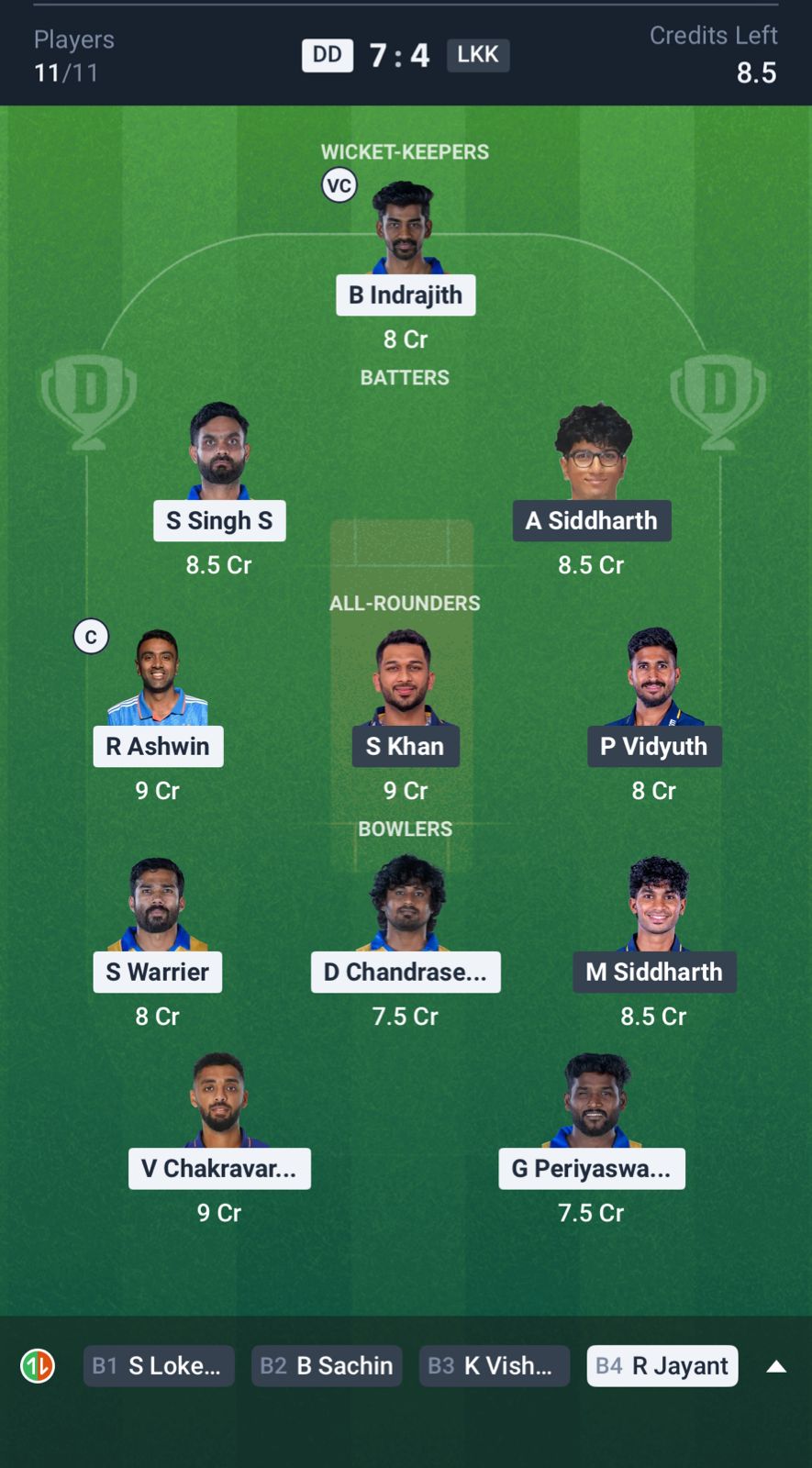 DD vs LKK Dream11 Prediction, TNPL MATCH 1 Grand League Team