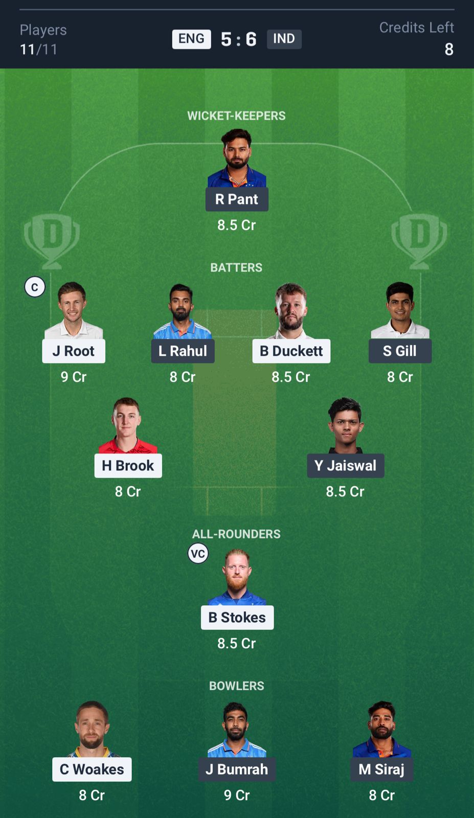 ENG vs IND Dream11 Prediction, 1st Test Small League Team