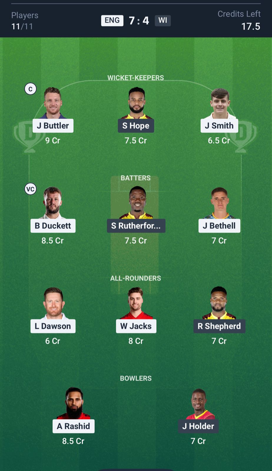 ENG vs WI Dream11 Prediction Today, 3rd T20I Grand League Team