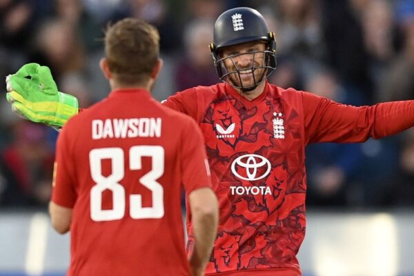 Jos Buttler (96 off 59) and Liam Dawson (4/20) helped England beat West Indies in the first T20I by 21 runs.