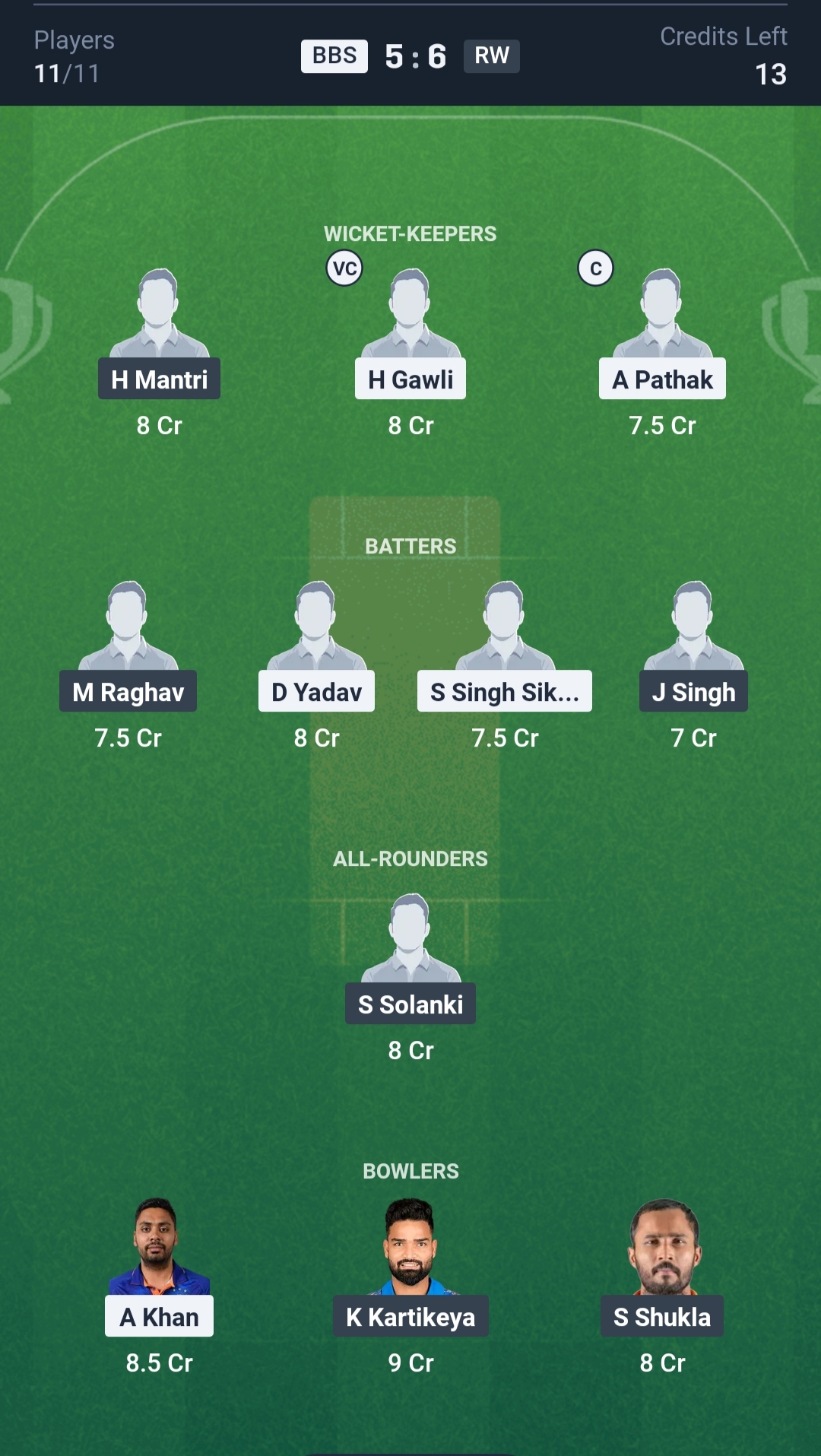 BBS vs RW Dream11 Prediction Today MP T20 League 2025 Match 3 Playing XI Small League Team
