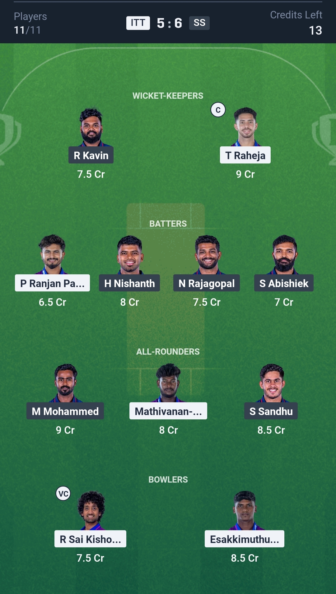 ITT vs SS Dream11 Prediction Today TNPL 2025 Match 9 Playing XI Small League Team