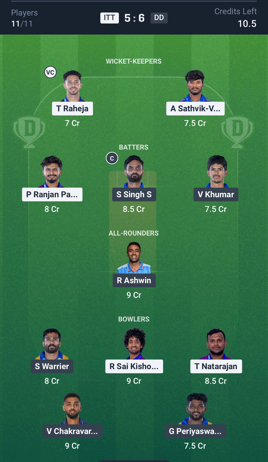 ITT vs DD Dream11 Prediction, TNPL MATCH 5 Small League Team