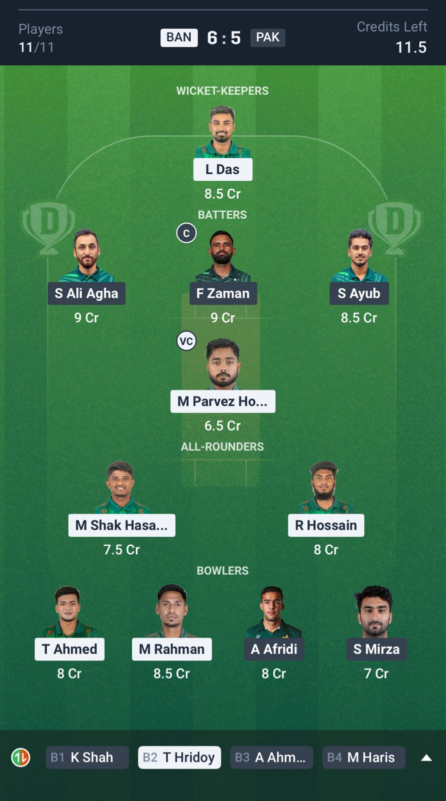 BAN vs PAK Dream11 Prediction, 2nd T20I Small League Team