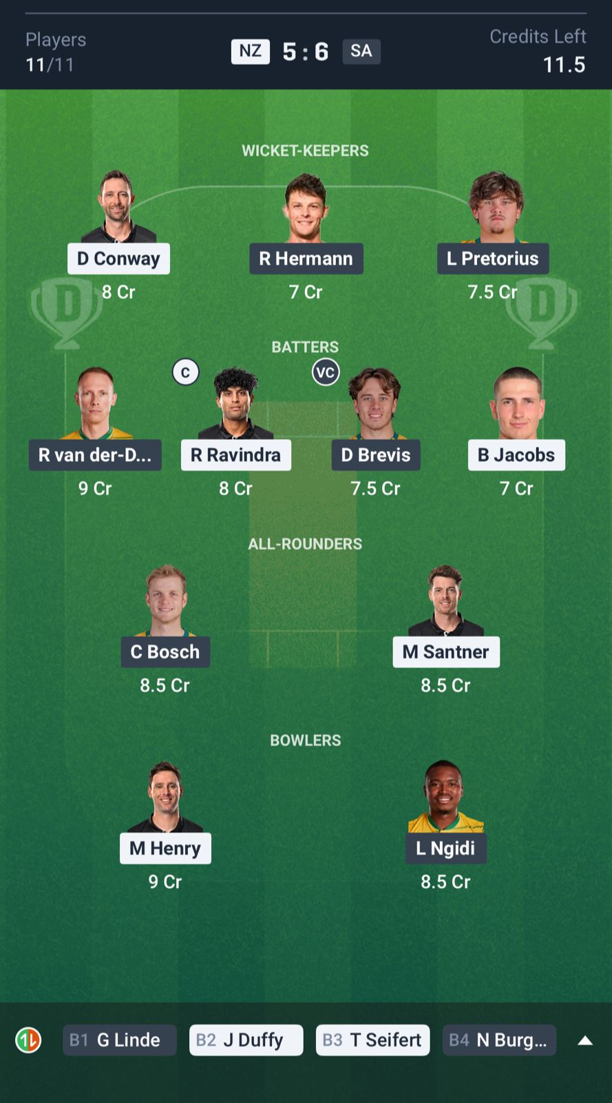 NZ vs SA Dream11 Prediction, Tri-nation series 2025 MATCH 5 Grand League Team