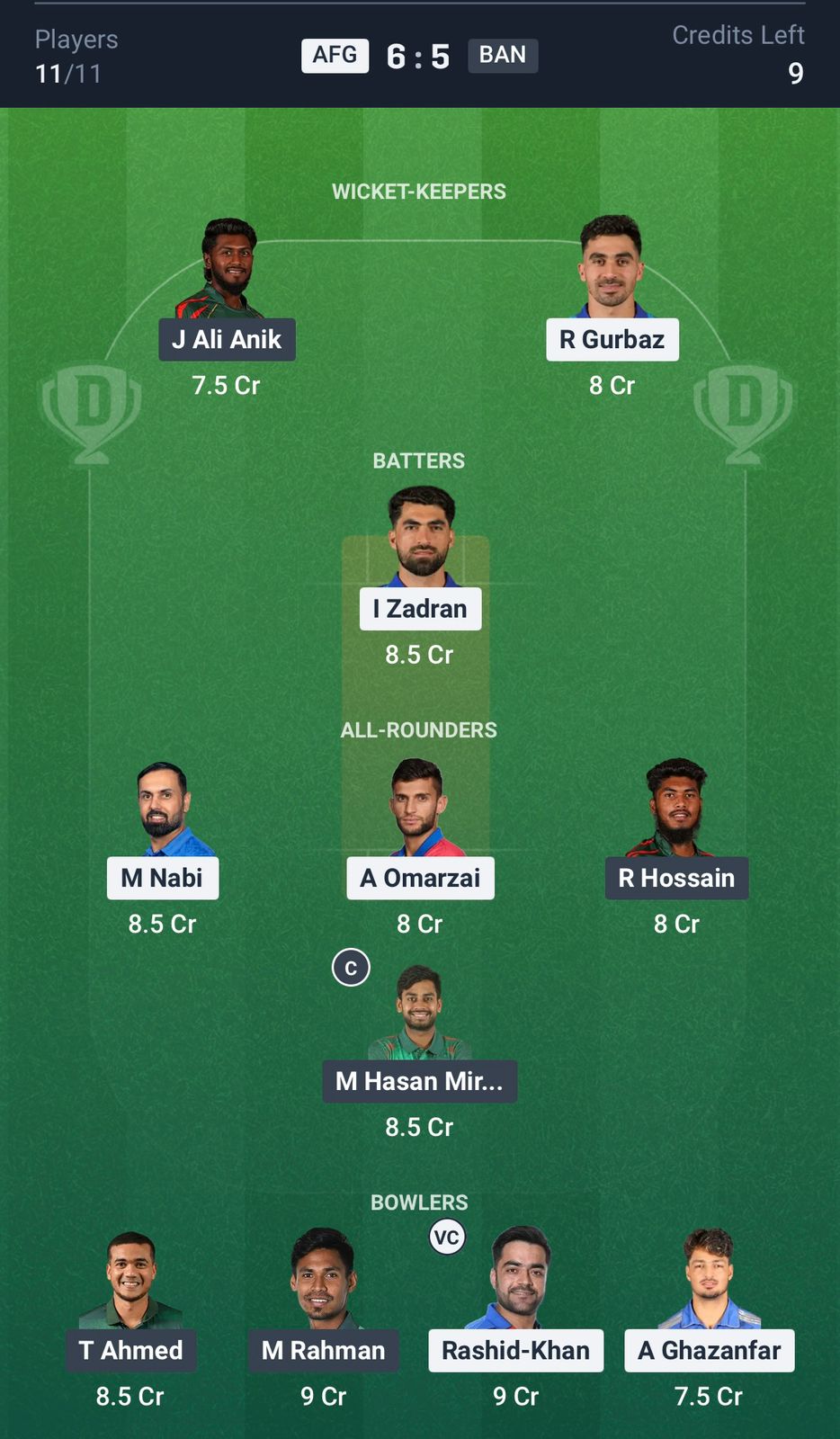 AFG vs BAN Dream11 Prediction Today, 1st ODI Team