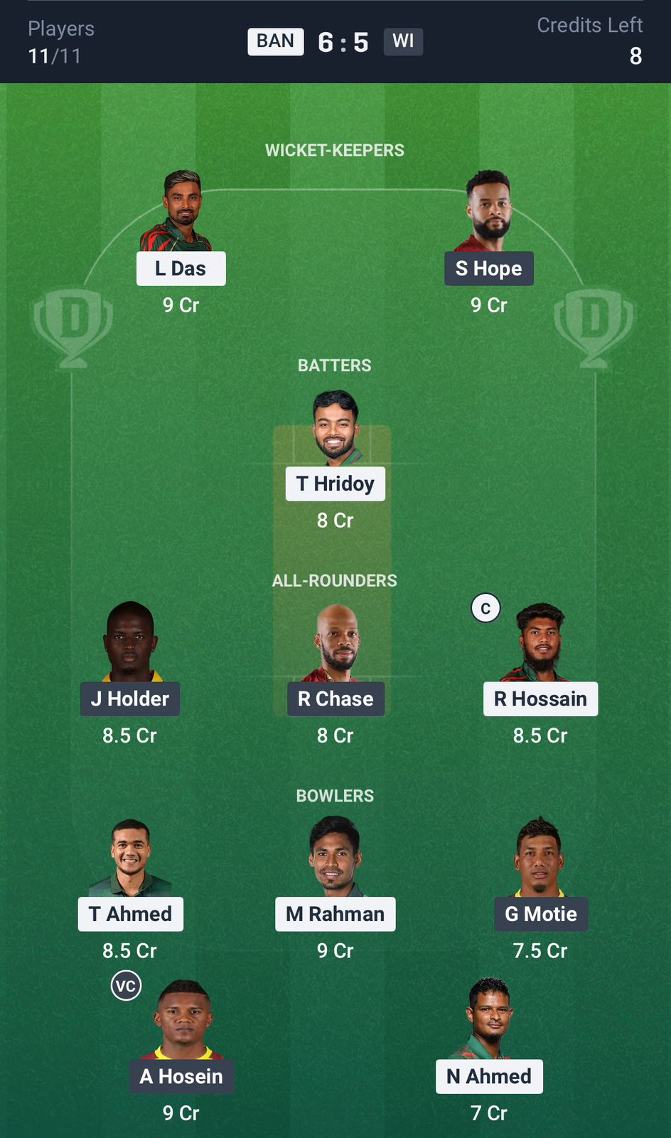 BAN vs WI Dream11 Prediction Today, 1st T20I Match