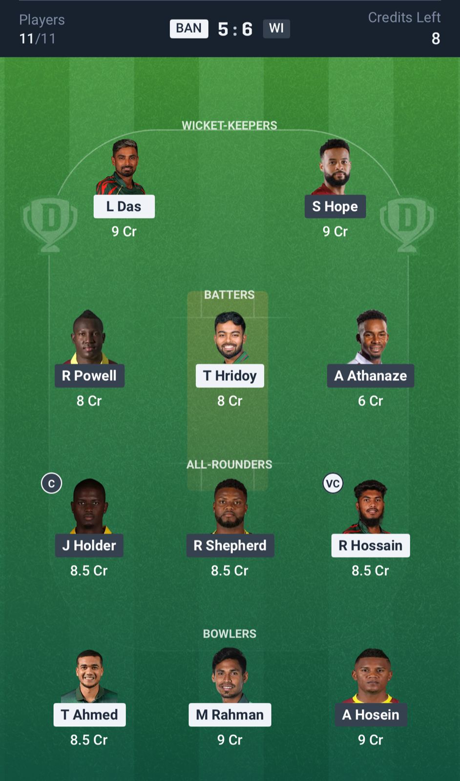 BAN vs WI Dream11 Prediction Today, 2nd T20I Team
