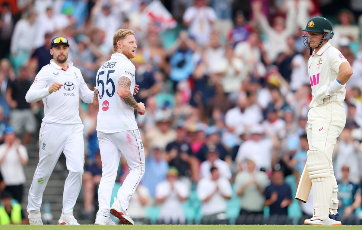 Ben Stokes looks at Marnus Labuschagne after the wicket.