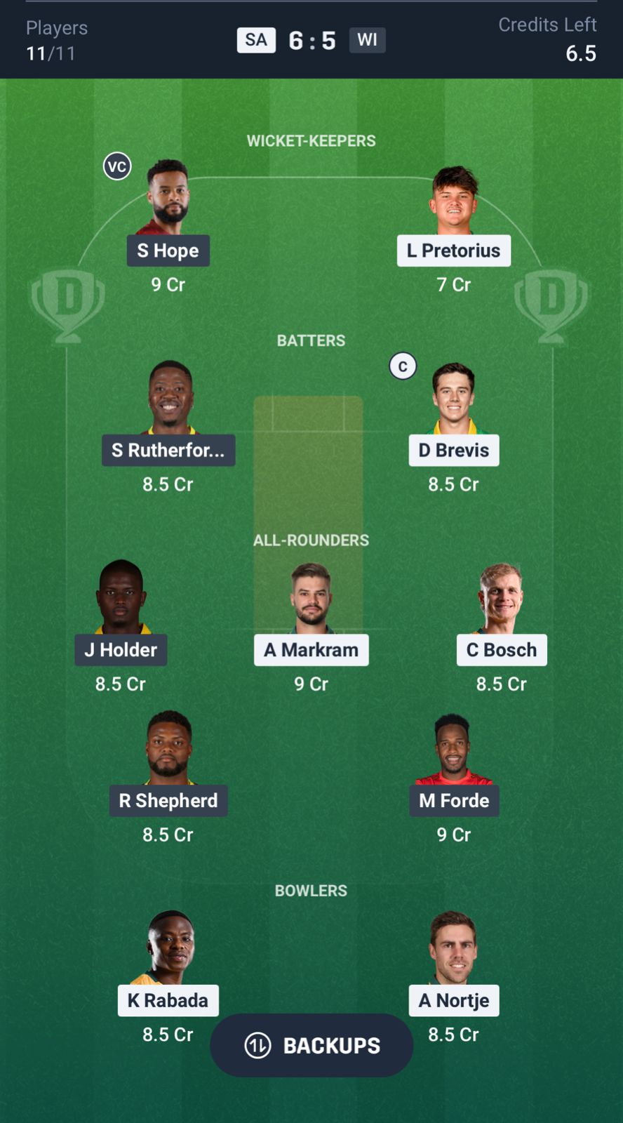 SA vs WI Dream11 Prediction Today, 1st T20I Team