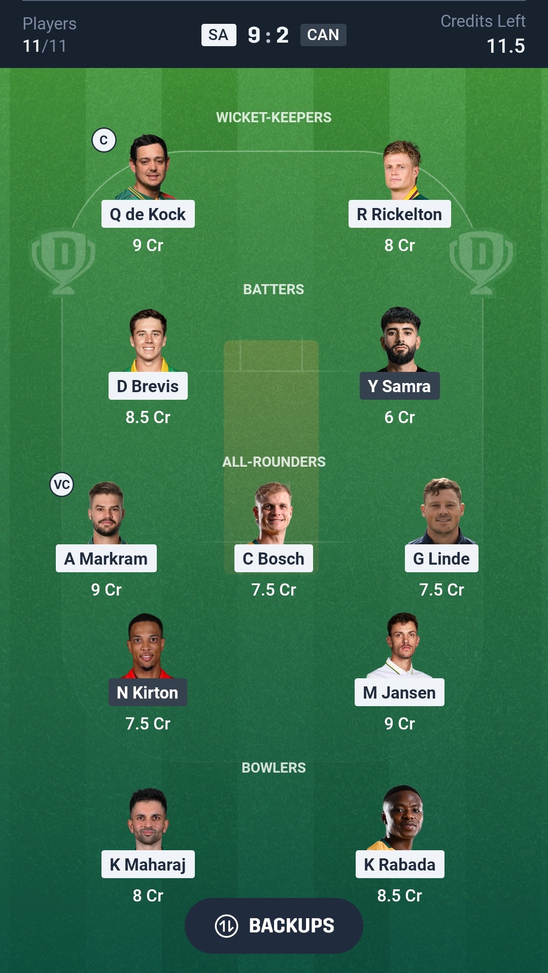 SA vs CAN Dream11 Prediction Today T20 World Cup 2026 Match 9 Playing XI