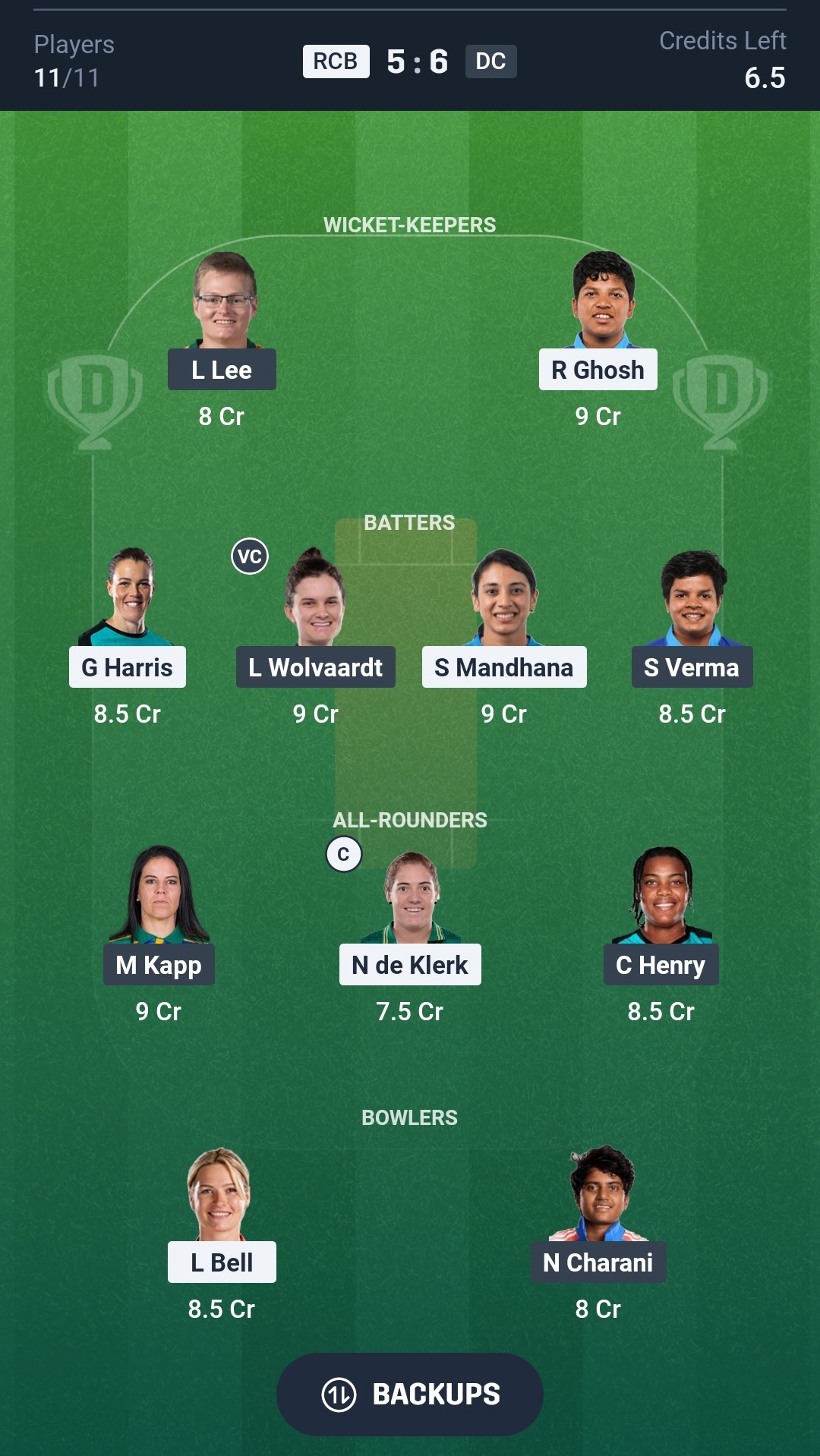 Team for RCB W vs DC W Dream11 Prediction&nbsp;