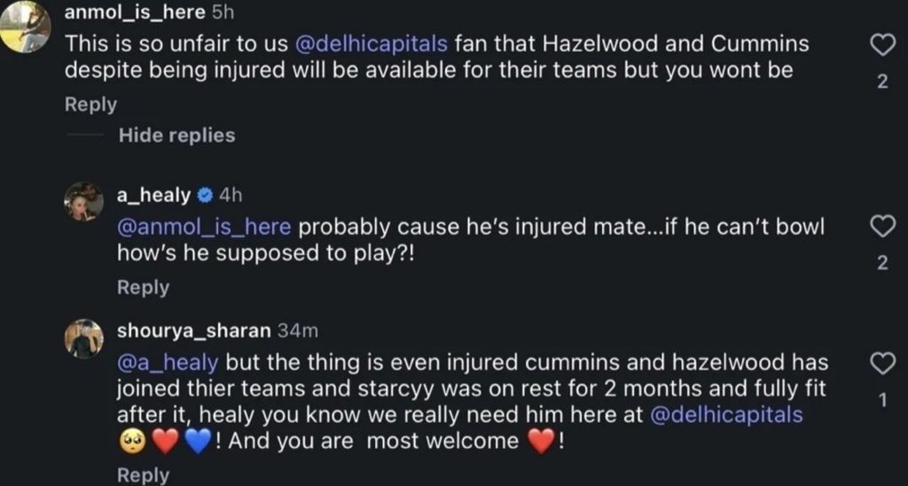 Alyssa Healy confirmed that Mitchell Starc has an injury.